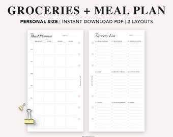May include: A printable meal planner and grocery list template in black and white with pink accents. The meal planner has a weekly layout with columns for breakfast, lunch, dinner, and snacks. The grocery list has columns for fruits and vegetables, meats and fish, frozen and canned, dairy, breads and cereals, sauces and spices, snacks, beverages and drinks, and other.