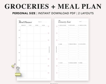 PERSONAL Grocery List Printable, Weekly Meal Planner, Shopping List, Meal Plan Template, Menu Planner, Personal size insert, PDF