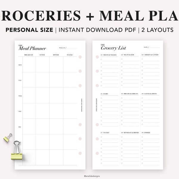 PERSONAL Grocery List Printable, Weekly Meal Planner, Shopping List, Meal Plan Template, Menu Planner, Personal size insert, PDF