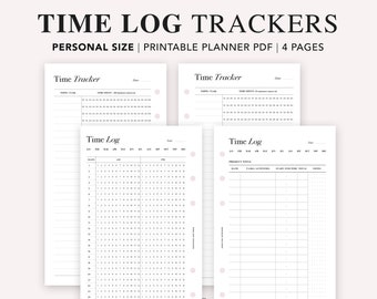 May include: Four printable pages of time log trackers in a personal size. The pages are white with black text and include sections for "Time Tracker" and "Time Log".