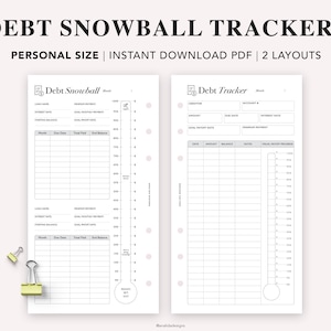 May include: Two printable debt tracker pages in black and white. The first page is a debt snowball tracker with sections for loan name, interest rate, starting balance, goal monthly payment, goal payoff date, month, due date, total paid, and end balance. The second page is a debt tracker with sections for creditor, account number, amount, due date, interest rate, goal payoff date, minimum payment, date, amount, balance, notes, and visual priority progress.