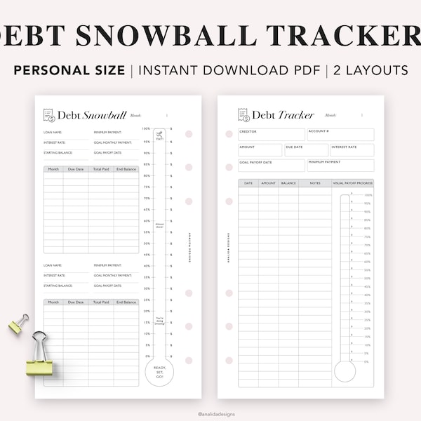 PERSONAL - Beschuldungsanzeiger Thermometer Druckbar, Tilgungszahlung Schneeball, Sparplaner, Finanzplaner, Sofort Download, Filofax Personal