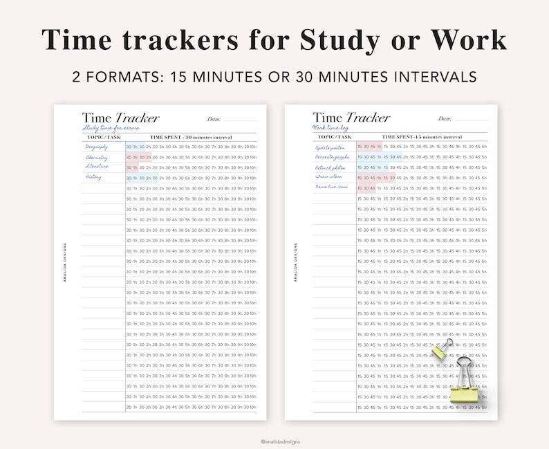 May include: Two printable time tracker templates for study or work. The left template has a 30-minute interval and the right template has a 15-minute interval. Both templates have a section for topic or task and a section for time spent.