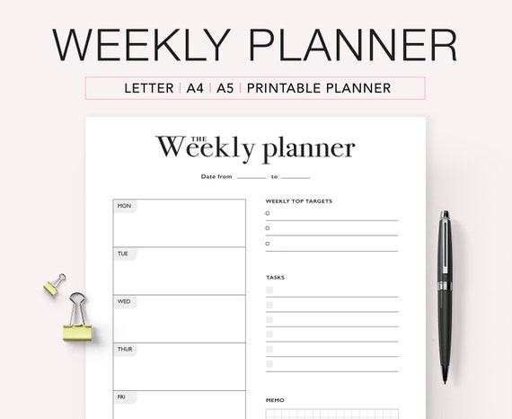 Undated Weekly Planner Printable: Minimalist Productivity Tracker (US Letter, A4, A5 PDF)