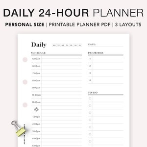 PERSONAL 24 Hour Daily Planner Printable, Hourly Planner, Military Time Plan, Time Blocking Template, Work Day Schedule, Personal size daily