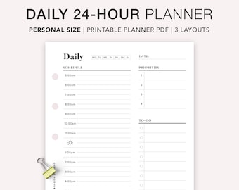May include: A black and white printable daily planner with a schedule section, a priorities section, and a to-do list. The planner is designed for personal use and includes a space for the date.