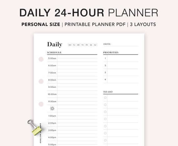 personal 24 hour daily planner printable hourly planner etsy