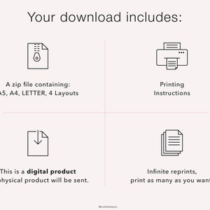 Puede incluir: Una descarga digital incluye un archivo zip con dise&ntilde;os imprimibles en tama&ntilde;os A5, A4 y Letter, instrucciones de impresi&oacute;n y reimpresiones ilimitadas.
