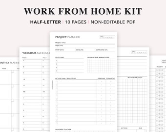 Puede incluir: Un kit imprimible para trabajar desde casa con 10 páginas en tamaño medio. El kit incluye una agenda semanal, un planificador de proyectos y un planificador mensual.