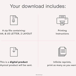 K&ouml;nnte beinhalten: Ein digitaler Download enth&auml;lt eine Zip-Datei mit druckbaren Dateien in den Formaten A5, A4 und US Letter, zwei Layout-Optionen und Druckanweisungen. Der Download ist f&uuml;r ein digitales Produkt, es wird kein physisches Produkt versandt.  Unbegrenzte Nachdrucke sind erlaubt.