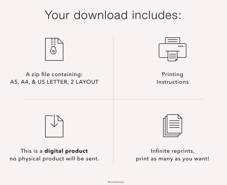K&ouml;nnte beinhalten: Ein digitaler Download enth&auml;lt eine Zip-Datei mit druckbaren Dateien in den Formaten A5, A4 und US Letter, zwei Layout-Optionen und Druckanweisungen. Der Download ist f&uuml;r ein digitales Produkt, es wird kein physisches Produkt versandt.  Unbegrenzte Nachdrucke sind erlaubt.