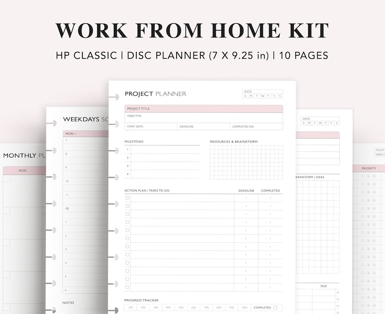 May include: A black and white planner with the text "Work From Home Kit" and "HP Classic | Disc Planner (7 x 9.25 in) | 10 Pages". The planner has a section for "Project Planner", "Weekdays Schedule", "Monthly Planner", and "Priority".