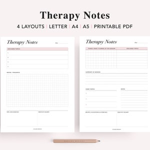 May include: Printable therapy notes template with four different layouts. The template includes sections for discussed topics, notes and thoughts, tips and exercises, and for next session.