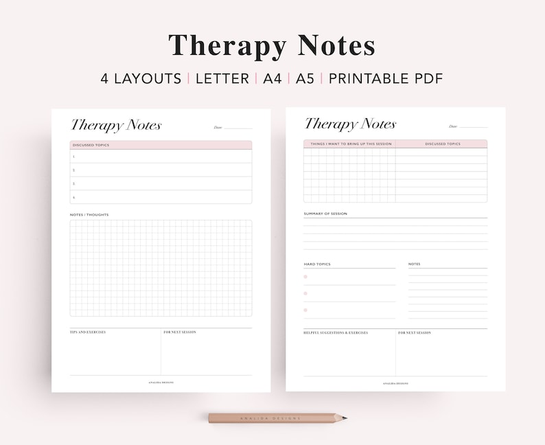 May include: Printable therapy notes template with four different layouts. The template includes sections for discussed topics, notes and thoughts, tips and exercises, and for next session.