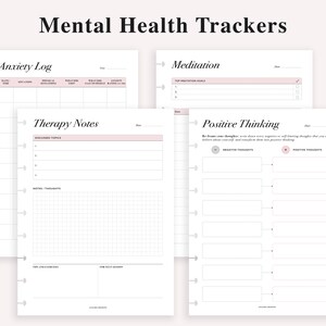 May include: Printable mental health tracker pages with sections for anxiety log, therapy notes, meditation, and positive thinking. Each page has a pink header with a title and a line for the date.
