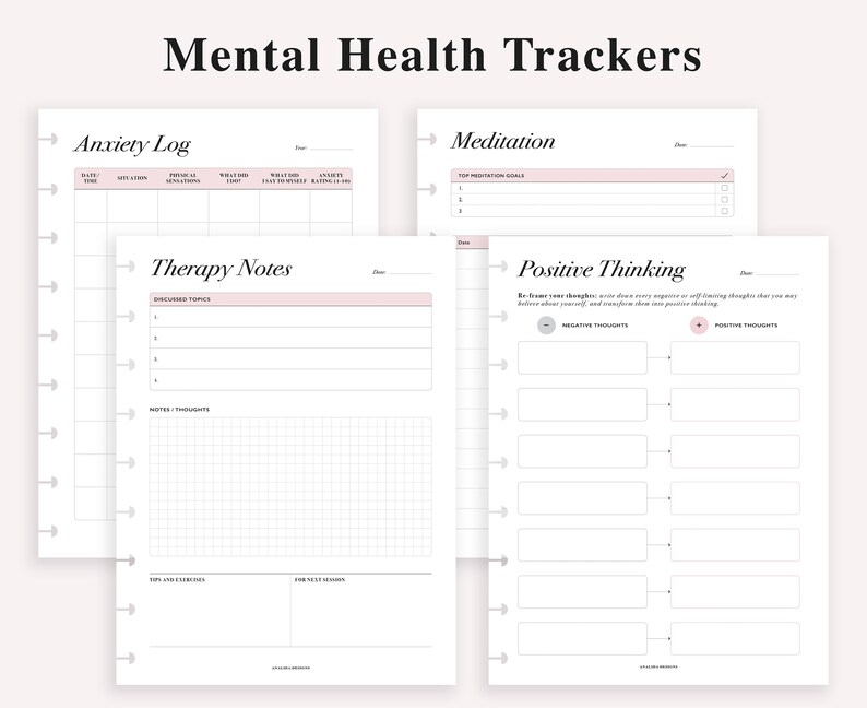 May include: Printable mental health tracker pages with sections for anxiety log, therapy notes, meditation, and positive thinking. Each page has a pink header with a title and a line for the date.