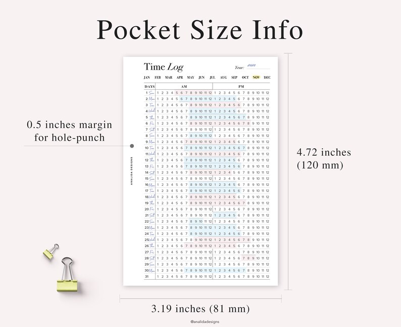 May include: A printable time log planner with a grid layout for each month of the year. The planner is 4.72 inches by 3.19 inches and has a 0.5 inch margin for hole punching.
