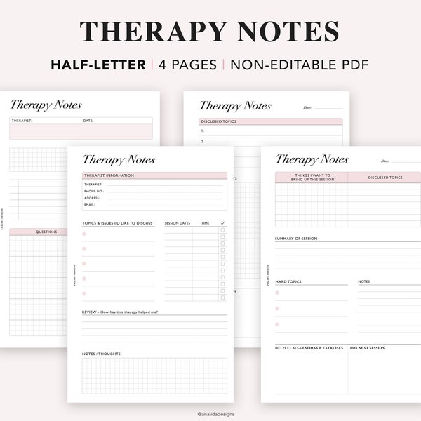 HALF LETTER Therapy Notes Planner Printable, Therapy Journal, Printable Mental Health, Half size, Junior Discbound Printable