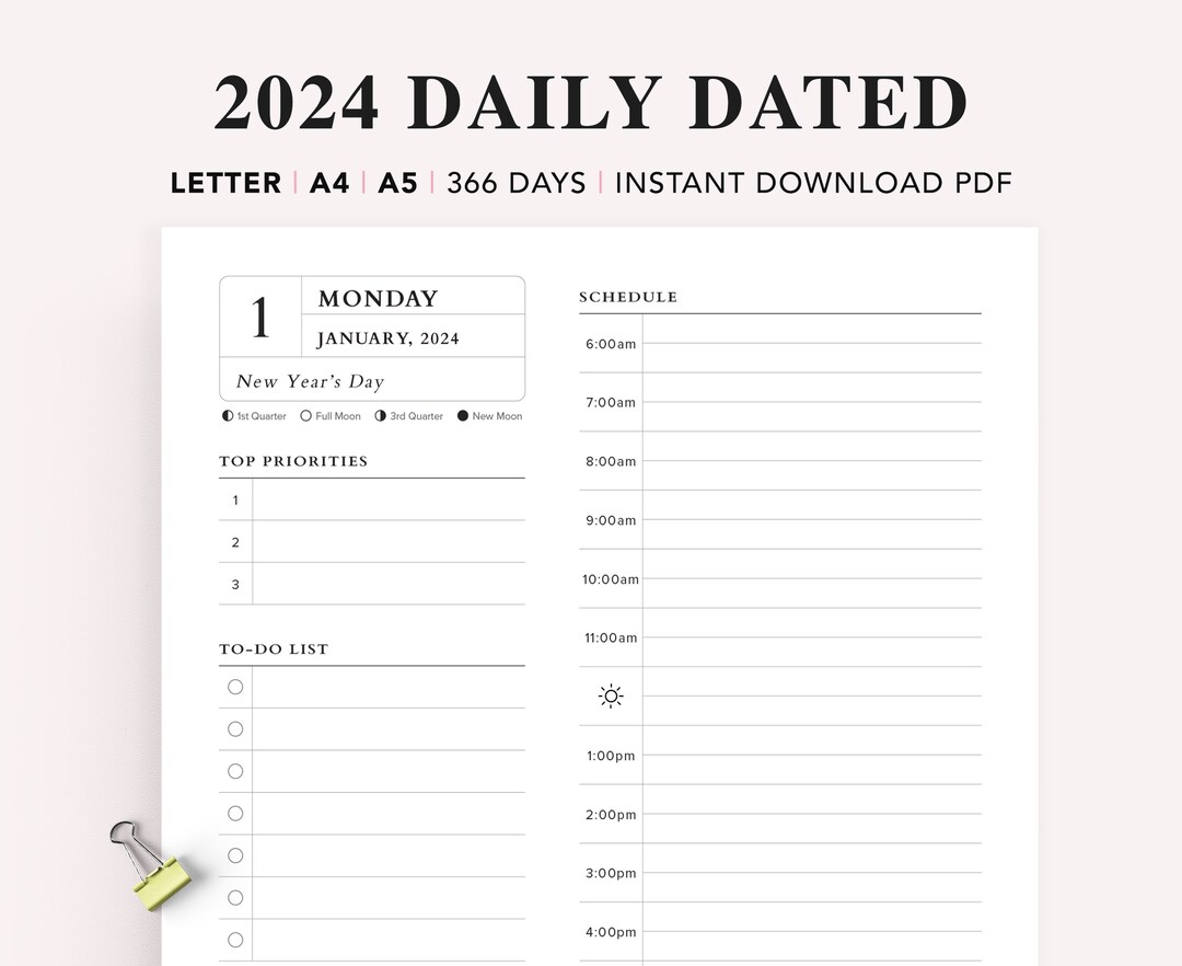 2024 Dated Daily Planner Printable, Daily Printable Inserts, Time ...