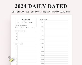 2024 Dated Daily Planner Printable, Daily Printable Inserts, Time Blocking Template, Work Day Schedule, A5 Planner Inserts, A4, Letter, PDF