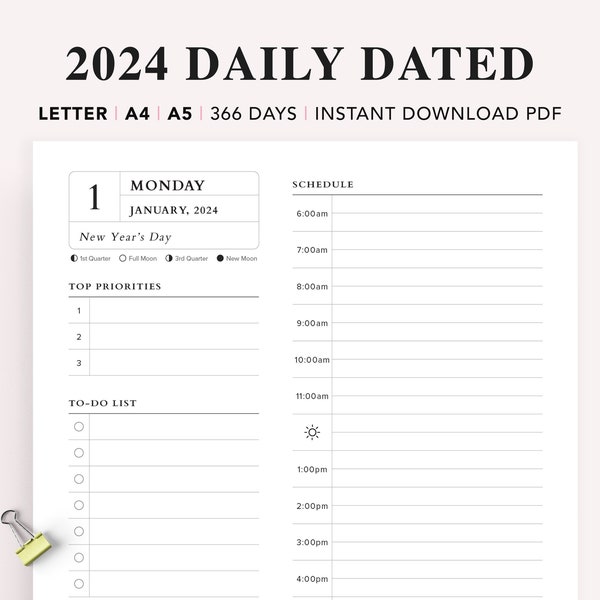 2024 Dated Daily Planner Printable, Daily Printable Inserts, Time Blocking Template, Work Day Schedule, A5 Planner Inserts, A4, Letter, PDF