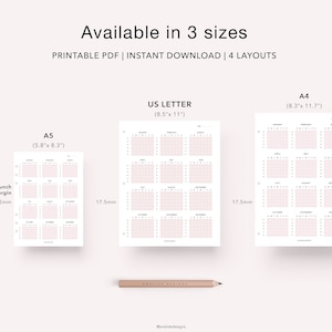 Puede incluir: Planificador de calendario imprimible en tres tama&ntilde;os: A5 (14,7 cm x 21 cm), US Letter (21,6 cm x 27,9 cm) y A4 (21 cm x 29,7 cm). Cada tama&ntilde;o tiene un margen de perforaci&oacute;n de 12 mm y un espaciado de cuadr&iacute;cula de 17,5 mm.