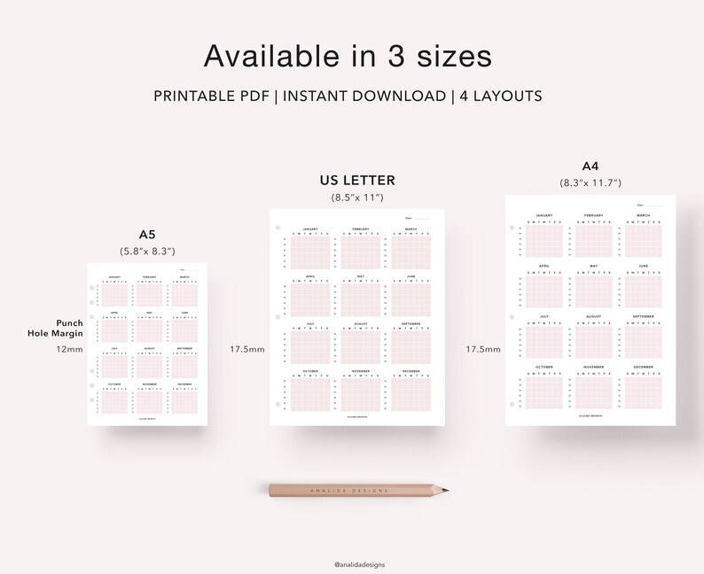 Puede incluir: Planificador de calendario imprimible en tres tama&ntilde;os: A5 (14,7 cm x 21 cm), US Letter (21,6 cm x 27,9 cm) y A4 (21 cm x 29,7 cm). Cada tama&ntilde;o tiene un margen de perforaci&oacute;n de 12 mm y un espaciado de cuadr&iacute;cula de 17,5 mm.