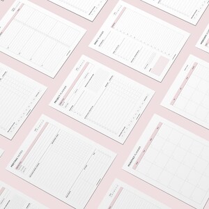 May include: A set of printable planner pages in black and white with headings for "Work Planner", "Daily Planner", "Project Planner", "Meeting Notes", "Monthly Planner", and "Weekly Schedule".