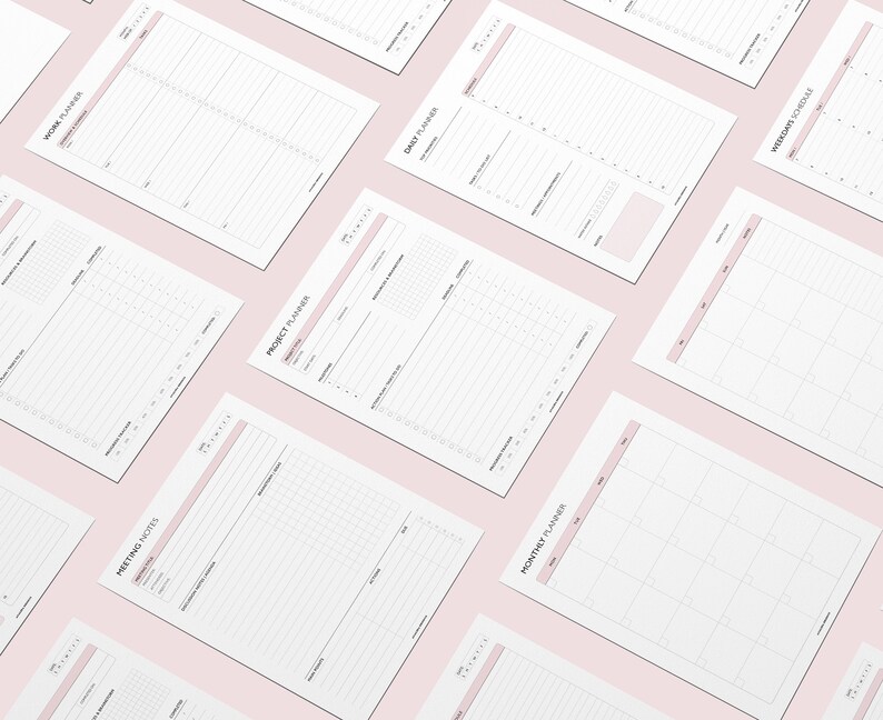 May include: A set of printable planner pages in black and white with headings for "Work Planner", "Daily Planner", "Project Planner", "Meeting Notes", "Monthly Planner", and "Weekly Schedule".