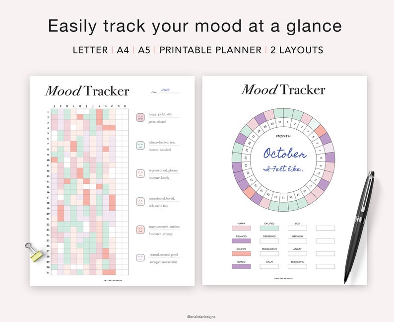 Mood Tracker Printable, Yearly Monthly Mood Planner, Circular Mood Chart, Bullet Journal, A5 Planner Inserts, Digital Instant Download image 2