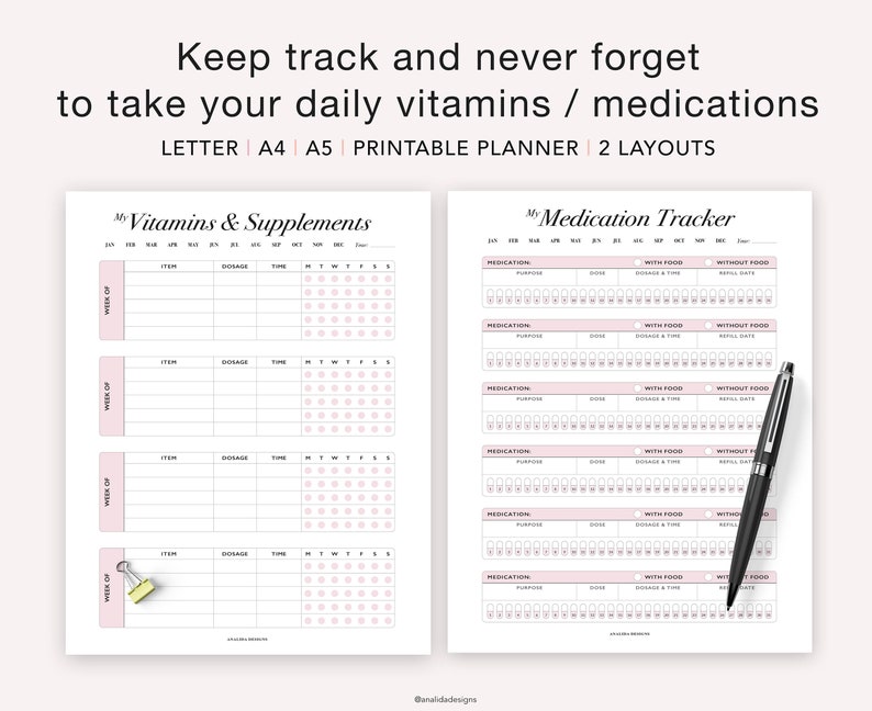 Medication Tracker, Vitamin Supplement Tracker, Health Log, Supplement Organizer, Medication Log, Vitamins Log, Health Tracker, Letter Size image 3