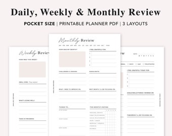 POCKET- Daily Reflections, Weekly Reflection Journal, Monthly Review Worksheet, Gratitude journal, Weekly Review, Pocket size insert, PDF