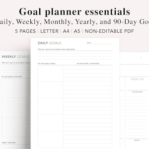 Daily, Weekly, Monthly Goal Planner, 90 Day Goal Setting Printable, Yearly goal calendar, Goal Journal, Weekly Habit Tracker,  Filofax, PDF