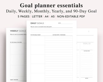 Goal Planner Printable: Daily, Weekly, Monthly, 90-Day (PDF)
