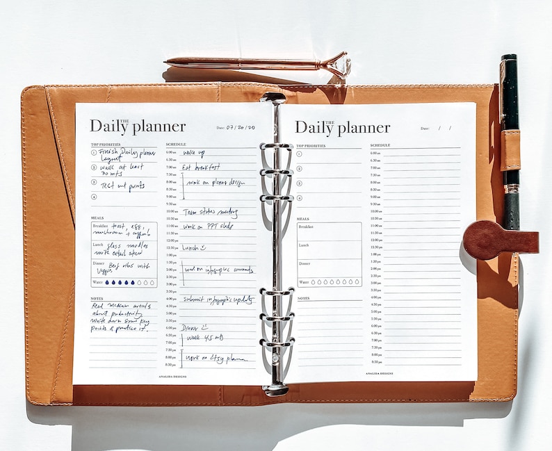 May include: A brown leather bound daily planner with a silver ring binder. The planner has a white page with the text "Daily Planner" and a section for "Top Priorities" and "Schedule". The page is filled with handwritten notes.