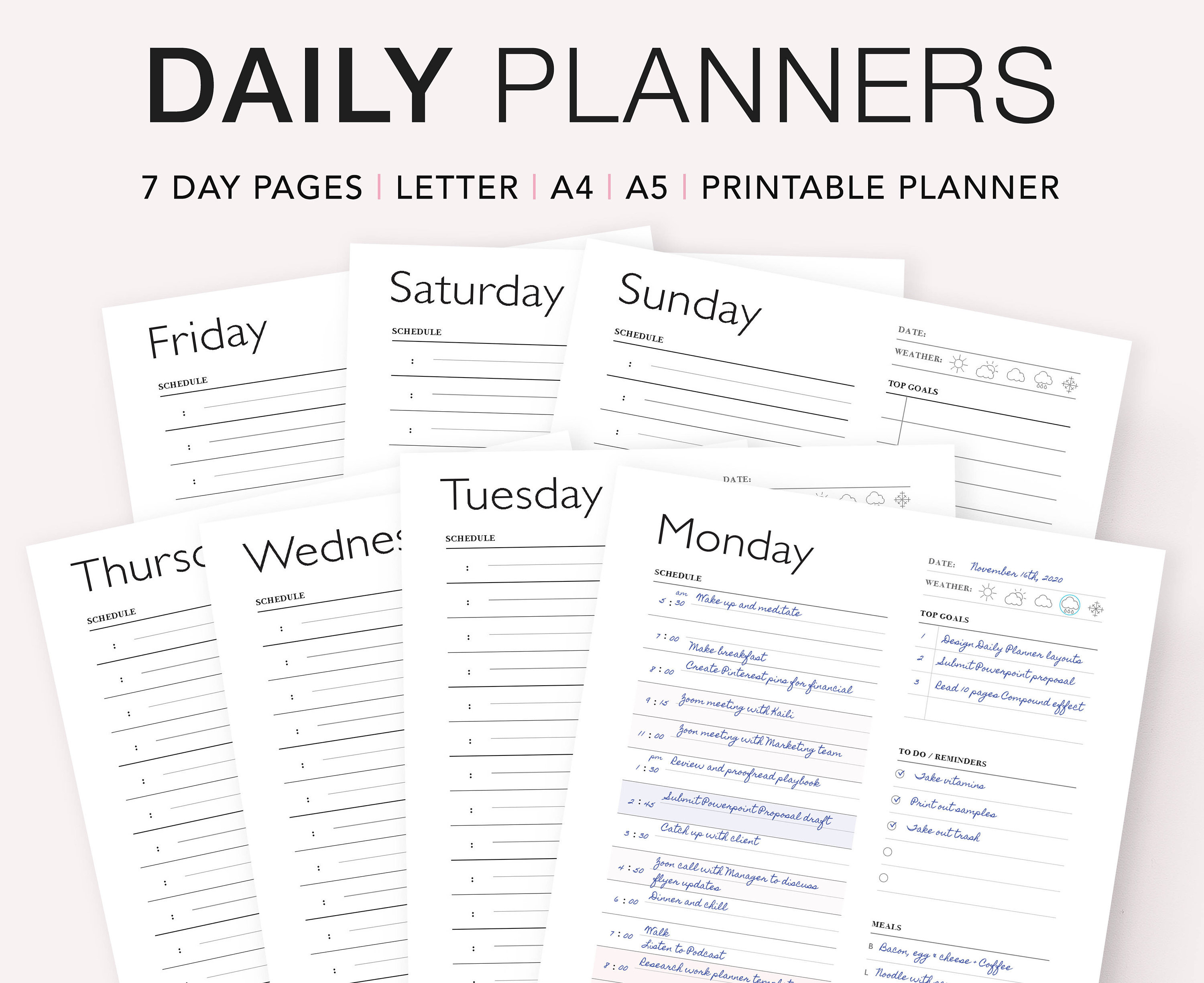 printable 7 day planner daily planners and organizer undated etsy