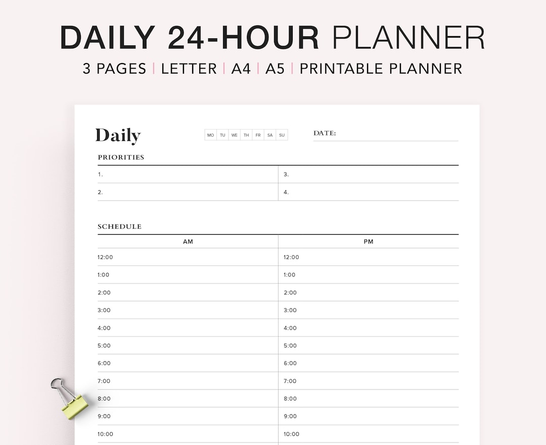 24 Hour Daily Planner Printable: Time Blocking Template (letter, A4, A5 ...