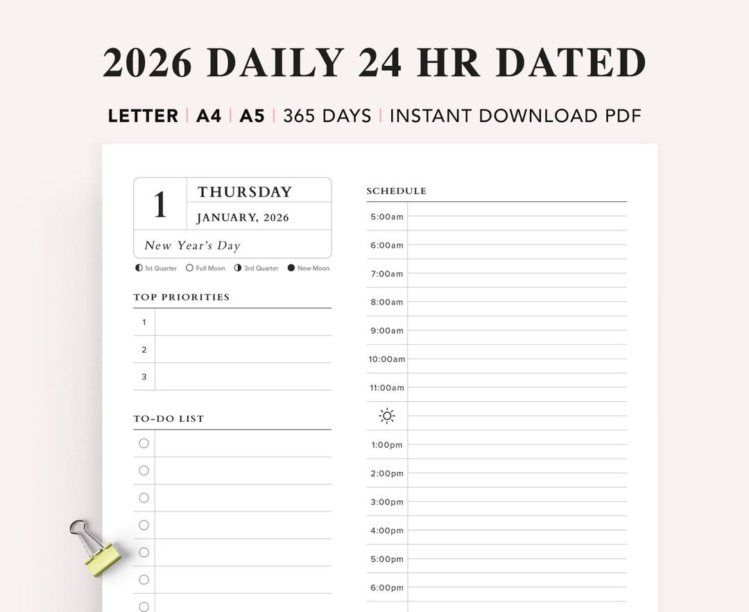 2026 24 Hour Daily Dated Planner Printable: Time Blocking, A4 A5 Letter ...