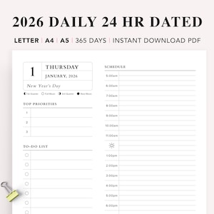 2026 24 Hour Daily Dated Planner Printable: Time Blocking, A4 A5 Letter (PDF)