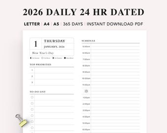 2026 24 Hour Daily Dated Planner Printable: Time Blocking, A4 A5 Letter (PDF)