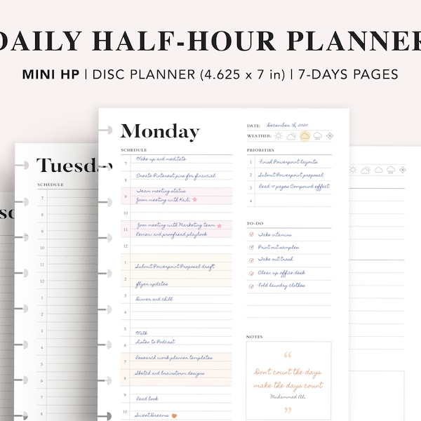 Mini HP 7 Day Planner Printable, Daily Half Hour Planner, Undated Daily Schedule, To-Do List, Mini Discbound, PDF Download