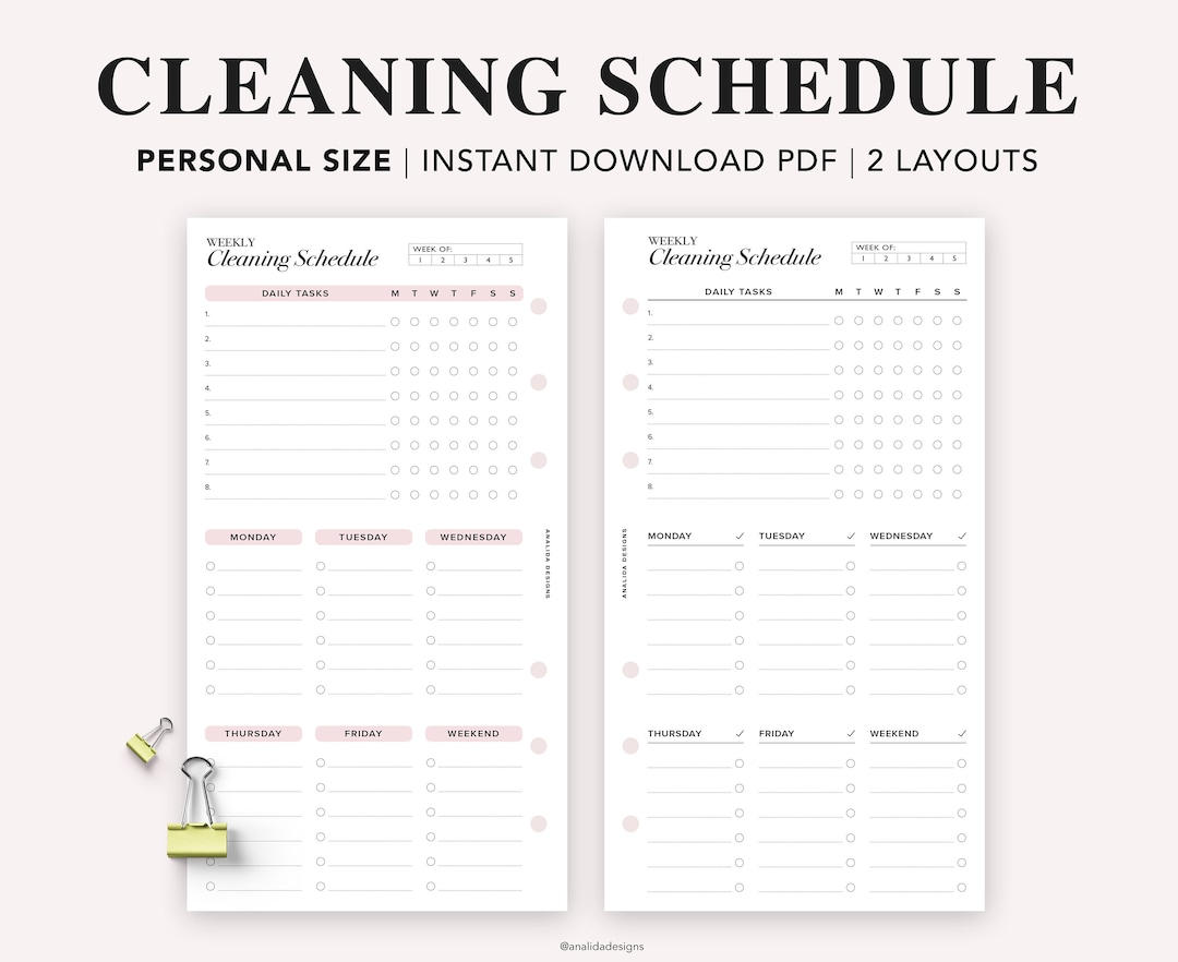Home Cleaning Schedule Planner Inserts: Weekly Checklist (personal Size ...
