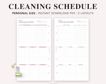 May include: Printable cleaning schedule planner with two layouts. The planner has a weekly checklist with daily tasks, Monday through Sunday, and a section for daily tasks. The planner is designed for personal use.