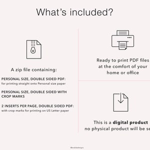 May include: Digital product details with text: "What's included?" and "A zip file containing: 1 PERSONAL SIZE, DOUBLE SIDED PDF: for printing straight onto Personal size paper 2 PERSONAL SIZE, DOUBLE SIDED WITH CROP MARKS 3 2 INSERTS PER PAGE, DOUBLE SIDED PDF: with crop marks for printing on US Letter paper."