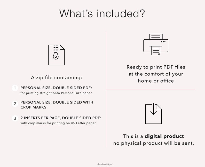 May include: Digital product details with text: "What's included?" and "A zip file containing: 1 PERSONAL SIZE, DOUBLE SIDED PDF: for printing straight onto Personal size paper 2 PERSONAL SIZE, DOUBLE SIDED WITH CROP MARKS 3 2 INSERTS PER PAGE, DOUBLE SIDED PDF: with crop marks for printing on US Letter paper."
