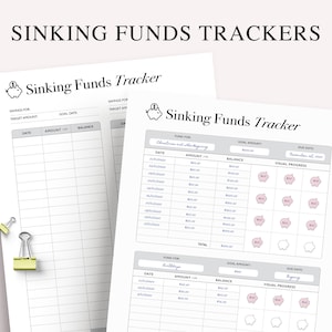 Puede incluir: Dos plantillas de seguimiento de fondos de emergencia imprimibles con un gráfico de hucha. Los trackers tienen columnas para la fecha, el importe, el saldo y el progreso visual. El primer tracker es para ahorros de Navidad y vacaciones, y el segundo tracker es para cumpleaños.
