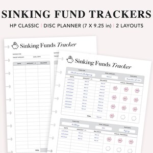 May include: Two printable pages for a sinking fund tracker. The pages are designed for a disc planner and feature a simple table format with columns for date, amount, and balance. The pages also include a visual progress tracker with piggy bank icons.
