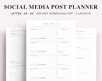Social media planner template, Instagram Post Tracker, Content Planner, Pinterest Plan, Facebook Agenda, A4, and Letter, A5 Filofax, PDF