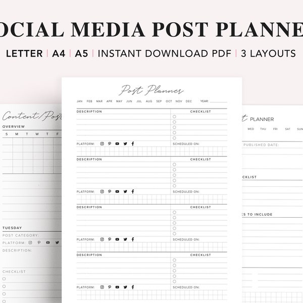 Social media planner template, Instagram Post Tracker, Content Planner, Pinterest Plan, Facebook Agenda, A4, and Letter, A5 Filofax, PDF