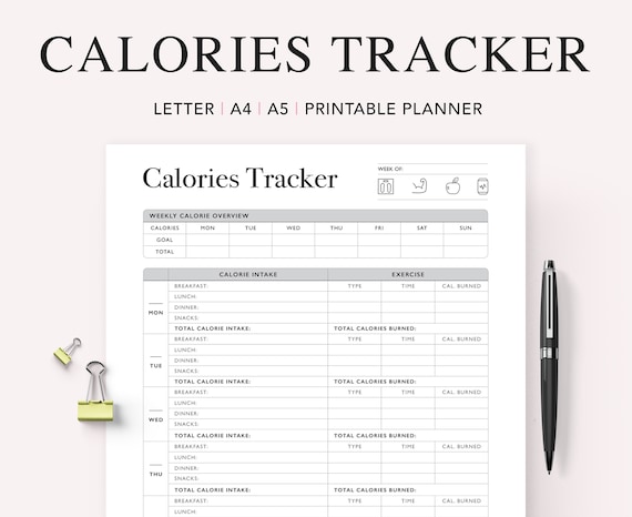 Calorie Tracker, Printable Calories Journal, Daily Weekly Calorie